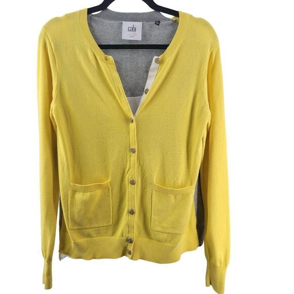Cabi Button Cami Cardigan Blogger Favorite Lace Yellow Colorblock Pockets Twee - Picture 1 of 15